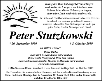Traueranzeige von Peter Stutzkowski von Ostthüringer Zeitung
