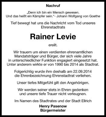 Traueranzeige von Rainer Levie von Thüringer Allgemeine