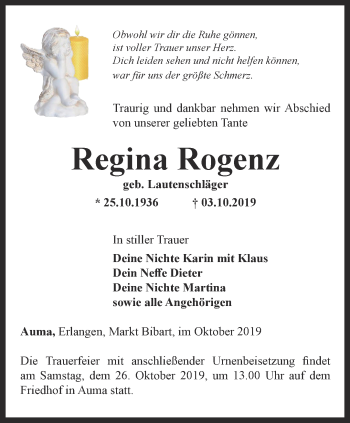 Traueranzeige von Regina Rogenz von Ostthüringer Zeitung