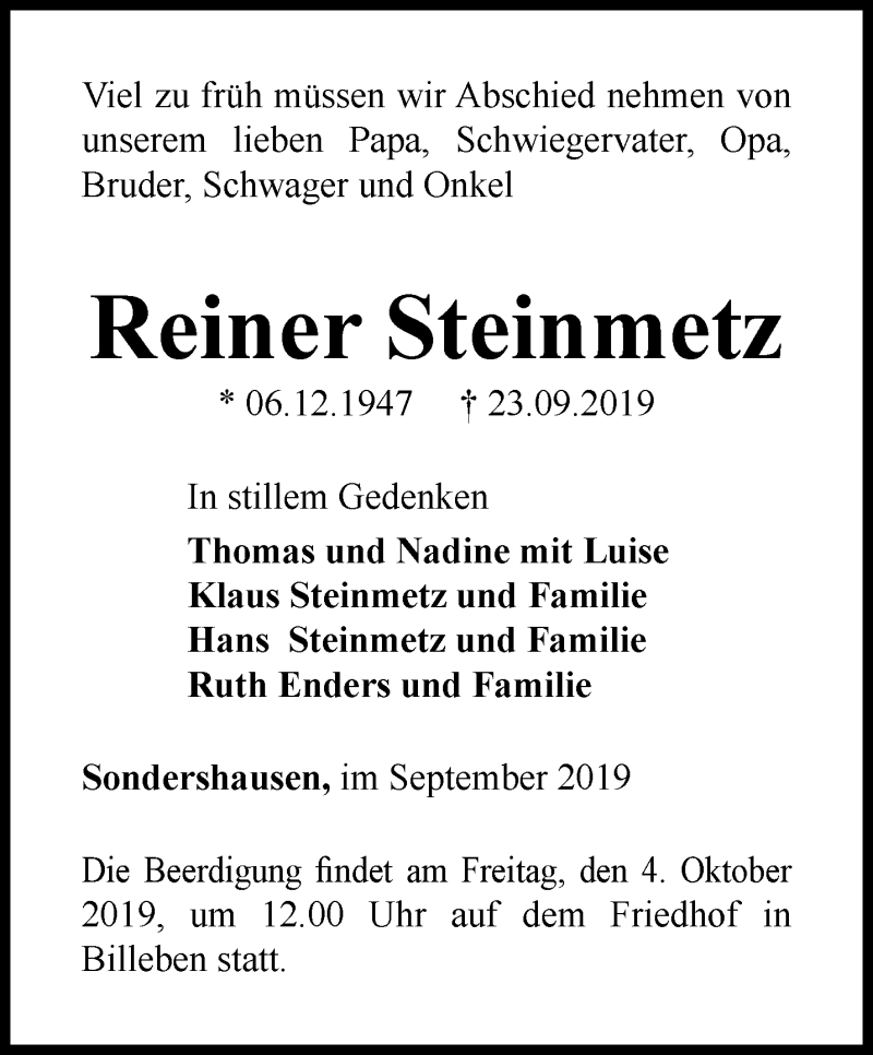  Traueranzeige für Reiner Steinmetz vom 01.10.2019 aus Thüringer Allgemeine