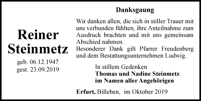  Traueranzeige für Reiner Steinmetz vom 19.10.2019 aus Thüringer Allgemeine