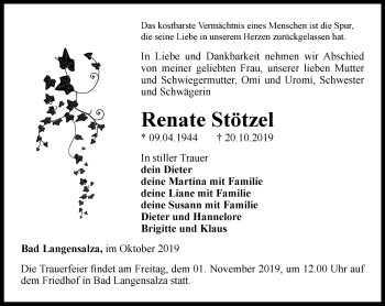 Traueranzeige von Renate Stötzel von Thüringer Allgemeine, Thüringische Landeszeitung