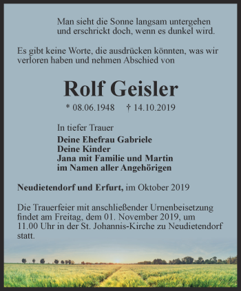 Traueranzeige von Rolf Geisler von Thüringer Allgemeine, Thüringische Landeszeitung