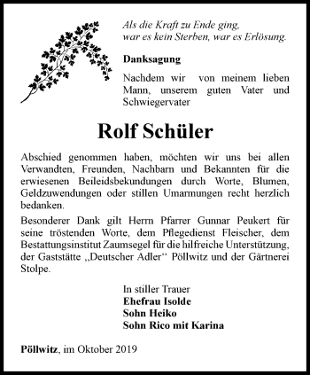 Traueranzeige von Rolf Schüler von Ostthüringer Zeitung