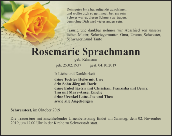 Traueranzeige von Rosemarie Sprachmann von Thüringer Allgemeine