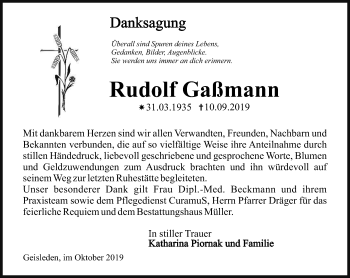 Traueranzeige von Rudolf Gaßmann von Thüringer Allgemeine