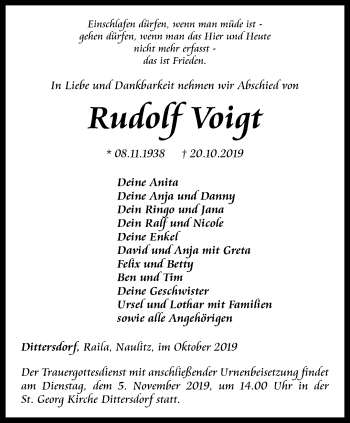 Traueranzeige von Rudolf Voigt von Ostthüringer Zeitung