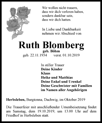 Traueranzeige von Ruth Blomberg von Thüringer Allgemeine, Thüringische Landeszeitung