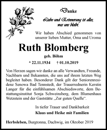 Traueranzeige von Ruth Blomberg von Thüringer Allgemeine, Thüringische Landeszeitung