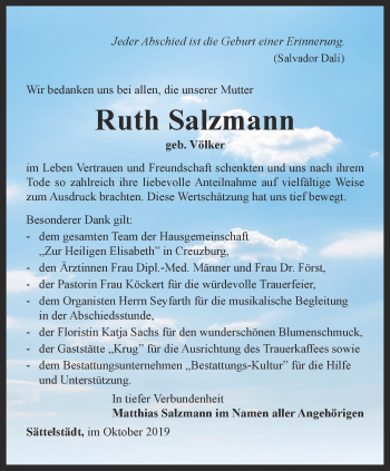 Traueranzeige von Ruth Salzmann von Thüringer Allgemeine, Thüringische Landeszeitung