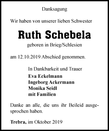 Traueranzeige von Ruth Schebela von Thüringer Allgemeine