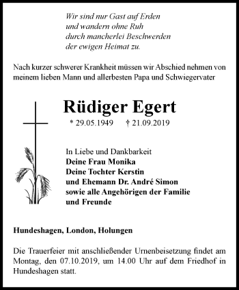 Traueranzeige von Rüdiger Egert von Thüringer Allgemeine