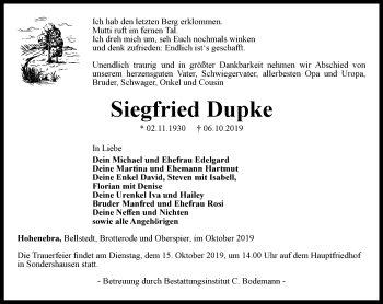 Traueranzeige von Siegfried Dupke von Thüringer Allgemeine