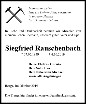 Traueranzeige von Siegfried Rauschenbach von Ostthüringer Zeitung