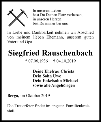 Traueranzeige von Siegfried Rauschenbach von Ostthüringer Zeitung