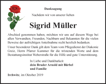 Traueranzeige von Sigrid Müller von Ostthüringer Zeitung