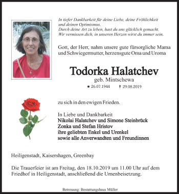 Traueranzeige von Todorka Halatchev von Thüringer Allgemeine