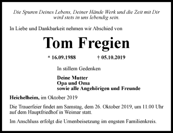 Traueranzeige von Tom Fregien von Thüringer Allgemeine, Thüringische Landeszeitung