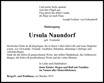 Traueranzeige von Ursula Naundorf von Ostthüringer Zeitung