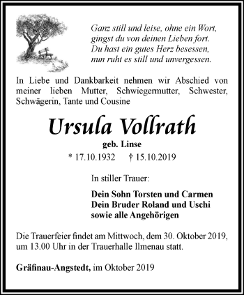 Traueranzeige von Ursula Vollrath von Thüringer Allgemeine