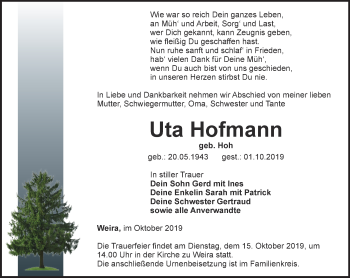 Traueranzeige von Uta Hofmann von Ostthüringer Zeitung