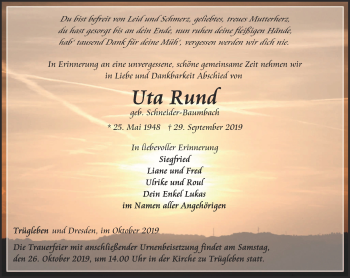 Traueranzeige von Uta Rund von Ostthüringer Zeitung, Thüringische Landeszeitung