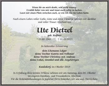 Traueranzeige von Ute Dietzet von Ostthüringer Zeitung