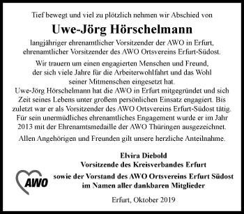 Traueranzeige von Uwe-Jörg Hörschelmann von Thüringer Allgemeine, Thüringische Landeszeitung