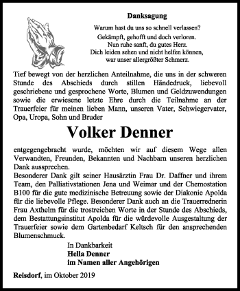 Traueranzeige von Volker Denner von Thüringer Allgemeine, Thüringische Landeszeitung