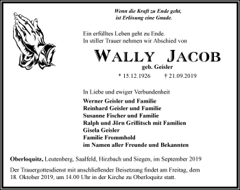 Traueranzeige von Wally Jakob von Ostthüringer Zeitung