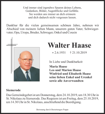 Traueranzeige von Walter Haase von Thüringer Allgemeine