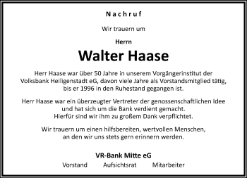 Traueranzeige von Walter Haase von Thüringer Allgemeine