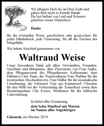 Traueranzeige von Waltraud Weise von Thüringer Allgemeine
