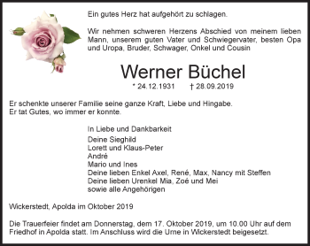 Traueranzeige von Werner Büchel von Thüringer Allgemeine, Thüringische Landeszeitung