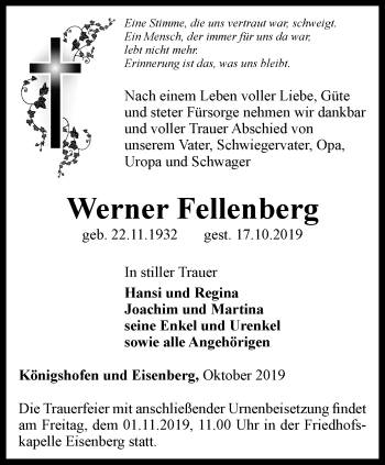 Traueranzeige von Werner Fellenberg von Ostthüringer Zeitung