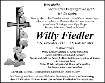 Traueranzeige von Willy Fiedler von Ostthüringer Zeitung