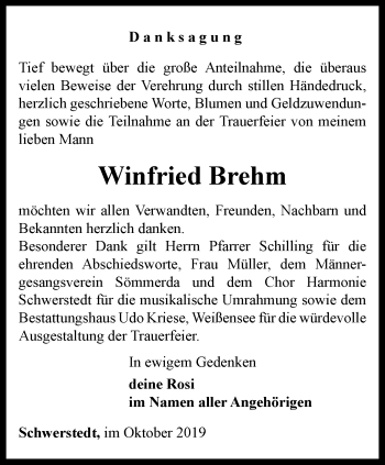 Traueranzeige von Winfried Brehm von Thüringer Allgemeine