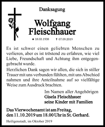 Traueranzeige von Wolfgang Fleischhauer von Thüringer Allgemeine