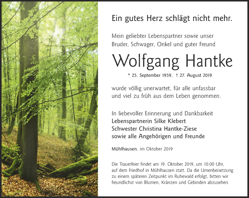  Traueranzeige für Wolfgang Hantke vom 05.10.2019 aus Thüringer Allgemeine, Thüringische Landeszeitung