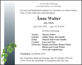 Traueranzeige von Änne Walter