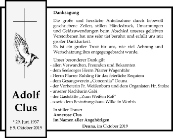 Traueranzeige von Adolf Clus von Thüringer Allgemeine