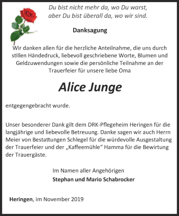 Traueranzeige von Alice Junge von Thüringer Allgemeine