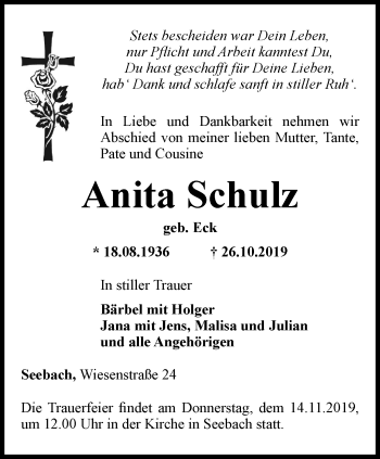 Traueranzeige von Anita Schulz von Thüringer Allgemeine, Thüringische Landeszeitung