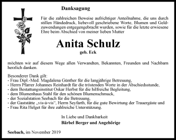 Traueranzeige von Anita Schulz von Thüringer Allgemeine, Thüringische Landeszeitung