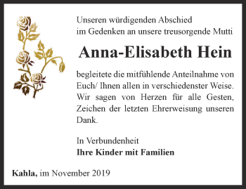 Traueranzeige von Anna-Elisabeth Hein von Ostthüringer Zeitung, Thüringische Landeszeitung