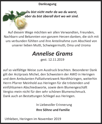 Traueranzeige von Annelise Grams von Thüringer Allgemeine