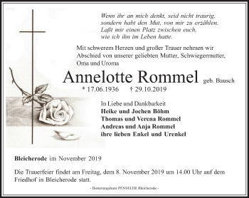 Traueranzeige von Annelotte Rommel von Thüringer Allgemeine