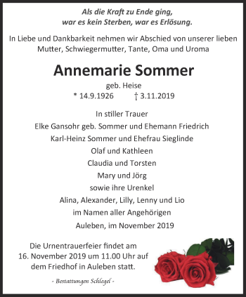 Traueranzeige von Annemarie Sommer von Thüringer Allgemeine