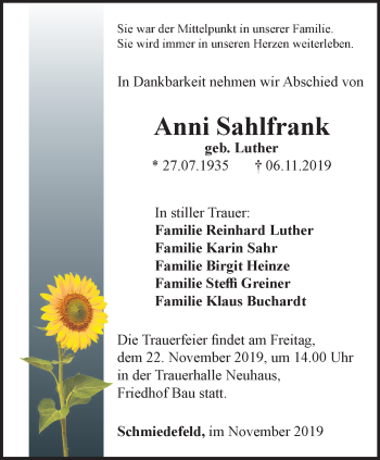 Traueranzeige von Anni Sahlfrank von Ostthüringer Zeitung