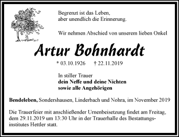 Traueranzeige von Artur Bohnhardt von Thüringer Allgemeine